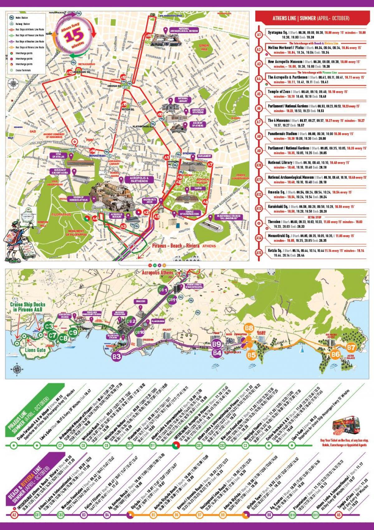 Афины-хоп-хоп-офф автобус маршрут на карте
